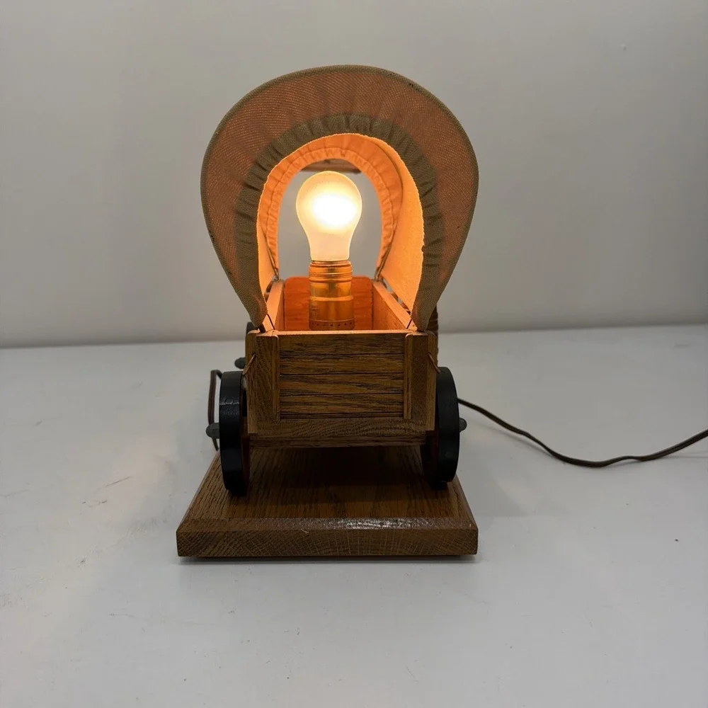 Vintage Wooden Covered Wagon Lamp Electric WORKS Western 16.5